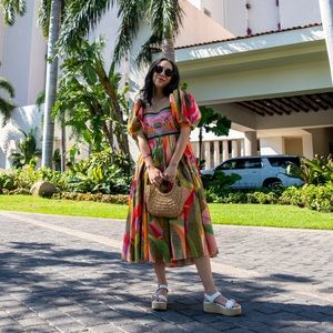 Farm Rio Pink Garden Embroidered Top Midi Dress